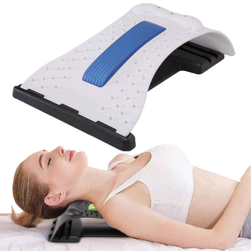 Back Stretching Stretcher, With Pillow, Cervical Traction Apparatus, Lumbar Support Orthotic, 3 Adjustable Height, Spinal Posture Corrector, for Back Pain Relief,WhiteBlue-38.5x25.5cm(15.2x10.0inch)