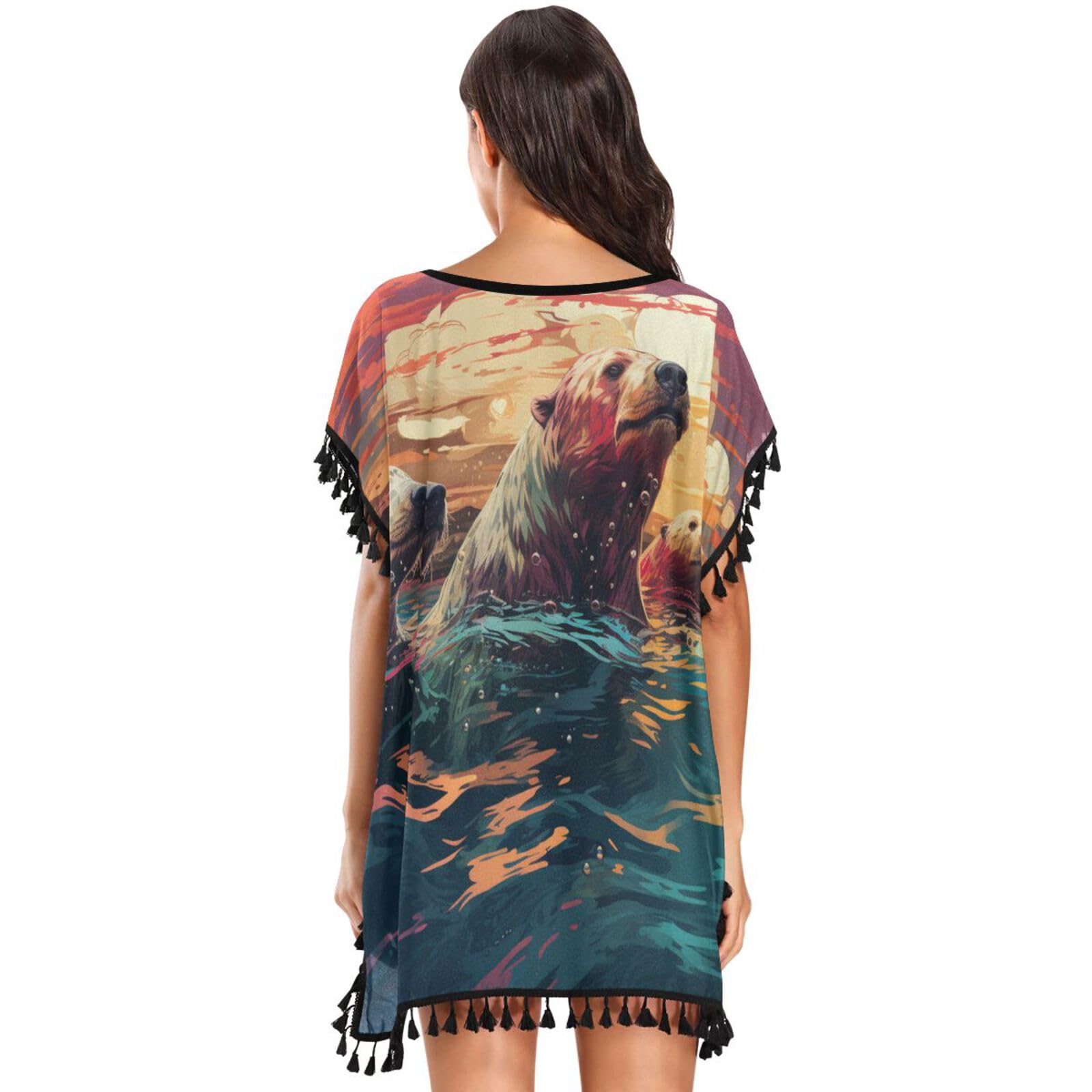 Watercolor Art Polar Bears Women's Beach Cover Up Chiffon Tassel Swimwear Swimsuit Coverups for Girl