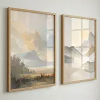 Kit 2 Quadros Decorativos Paisagem Abstrata Estilo Boho com Moldura em Madeira Pinus Natural e Vidro Real, Conjunto para Sala e Quarto, Estilo Nobre
