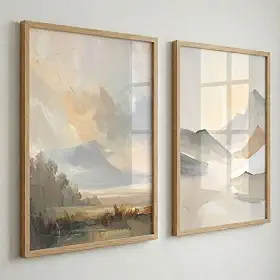 Kit 2 Quadros Decorativos Paisagem Abstrata Estilo Boho com Moldura em Madeira Pinus Natural e Vidro Real, Conjunto para Sala e Quarto, Estilo Nobre
