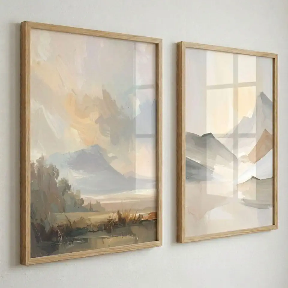 Kit 2 Quadros Decorativos Paisagem Abstrata Estilo Boho com Moldura em Madeira Pinus Natural e Vidro Real, Conjunto para Sala e Quarto, Estilo Nobre