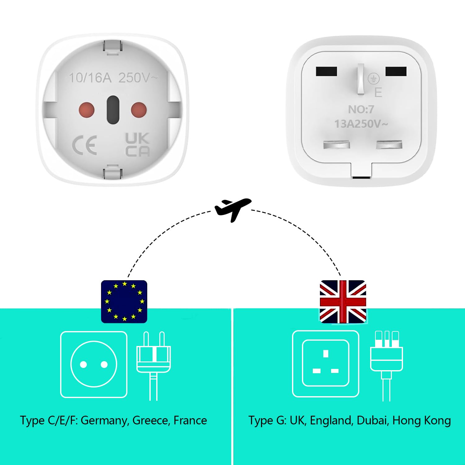 Reisadapter UK-adapter Engeland Duitsland stekker (3.4A), 1 AC & 2 USB-C & 2 USB-A, stopcontact UK naar DE EU stekkeradapter