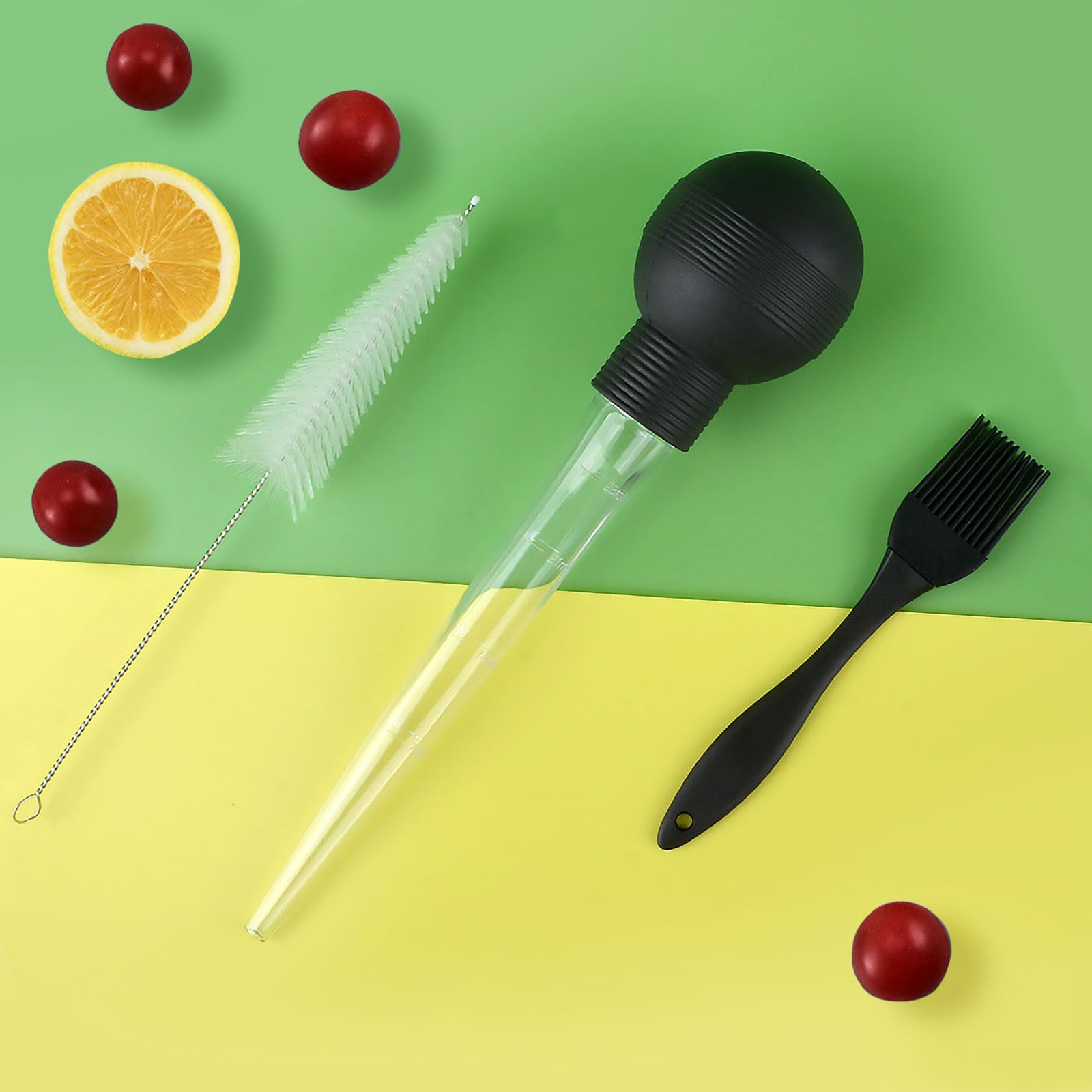Set di 4 pasticci per tacchino in silicone, ago per marinatura, spazzola barbecue, pulizia (nero)