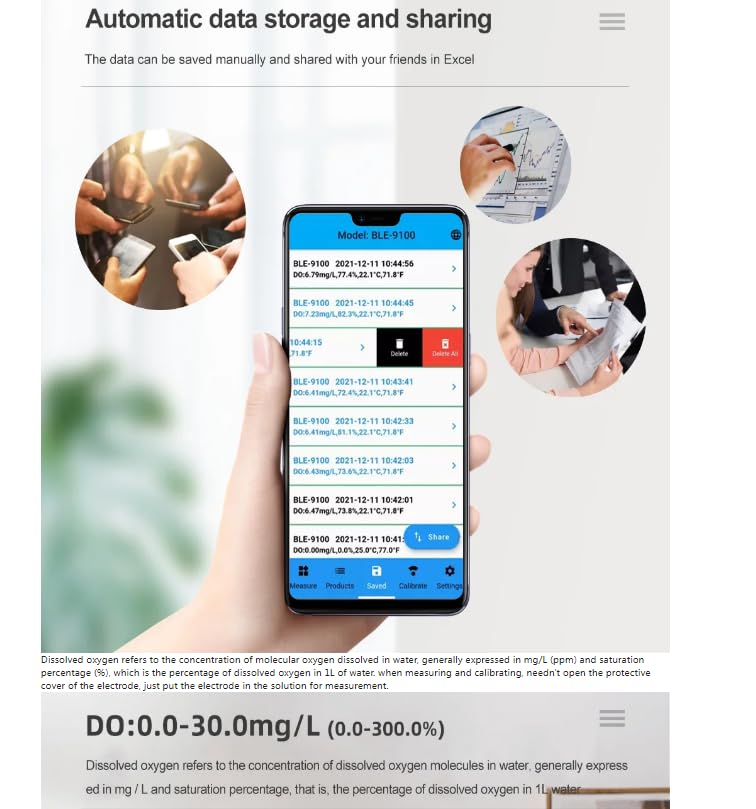 BLE-9100 Dissolved Oxygen Meter mobile app data storage and sharing