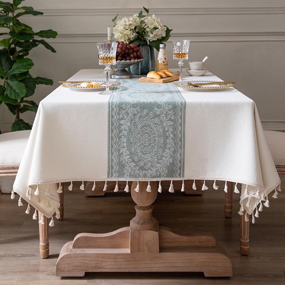 Pahajim Tischdecke Rechteckige Baumwolle Leinen Tischtuch mit Quasten Abwaschbare Tischdecken Wasserdicht Kratzfest für Wohnzimmer, Esszimmer, Balkon, Garten (Weiß,140x240)