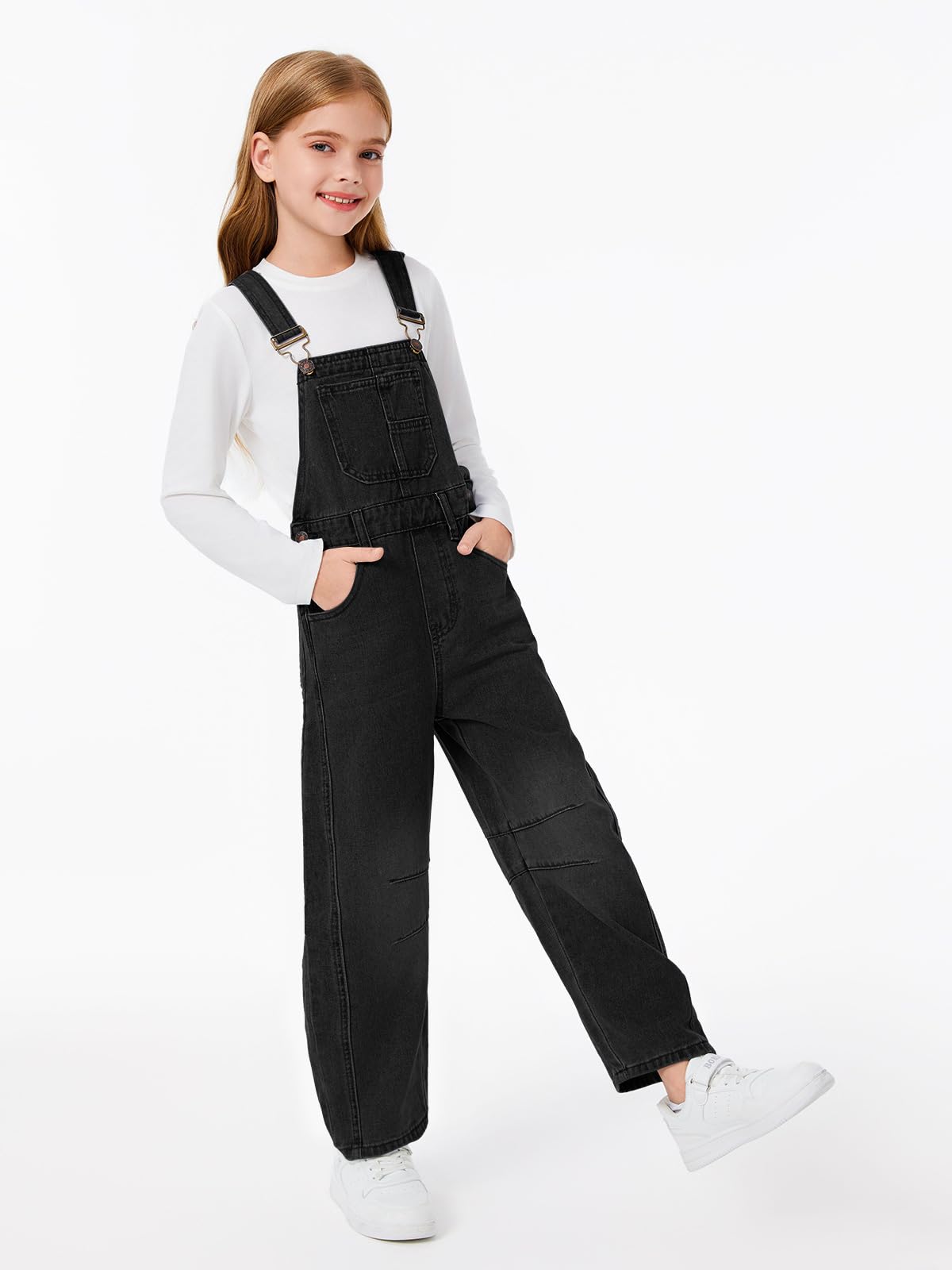 Haloumoning Combinaison en denim pour fille - Salopette en jean - Sans manches - Pantalon long - Combinaison décontractée - Coupe ample - Avec poches