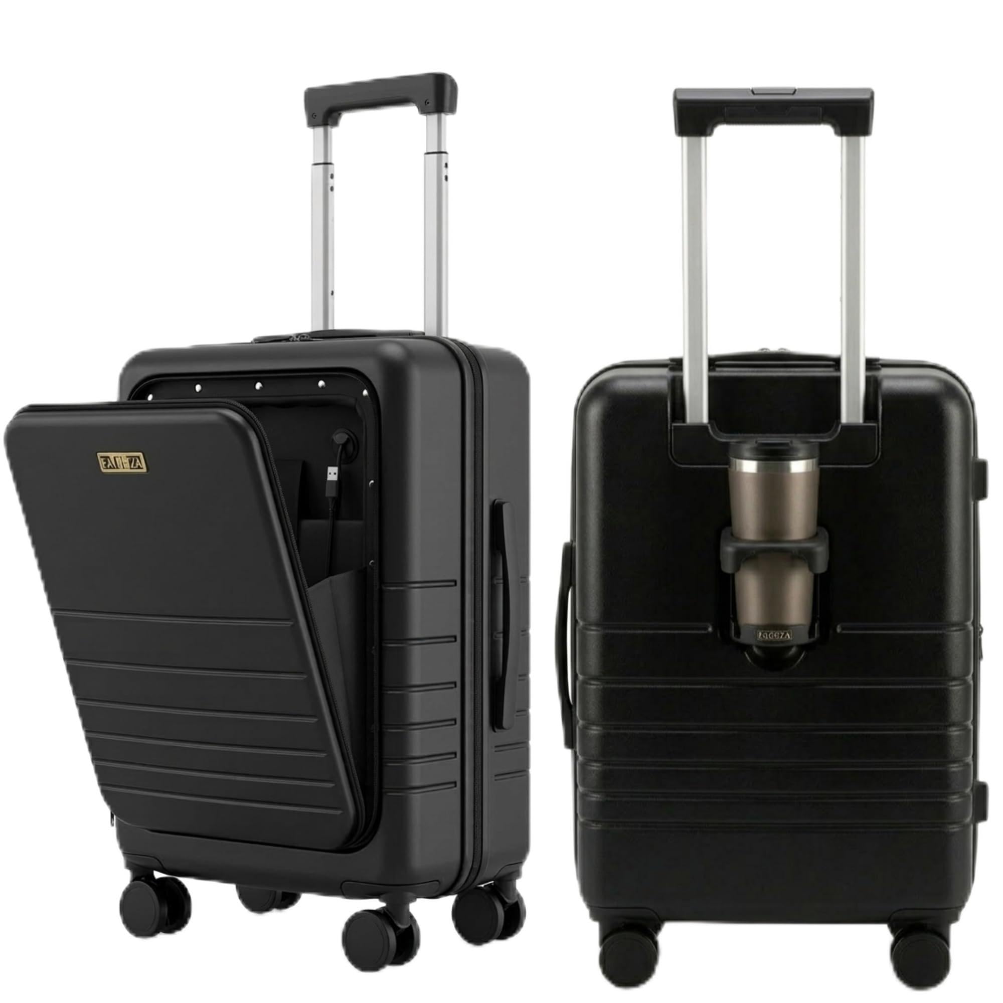 Fagoza Hardside - Equipaje de mano aprobado por aerolíneas de 22 x 14 x 9 pulgadas con bolsillo frontal, puerto de carga USB y portavasos, Negro, 22x14x9, Equipaje de mano abierto frontal rígido PC