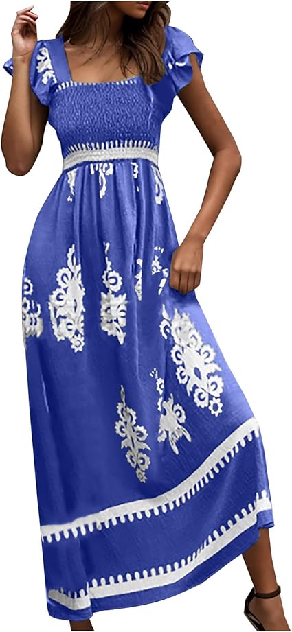 EMATOP Maxikleid Damen Sommer - Buntes Boho Strandkleid Mit U-Ausschnitt