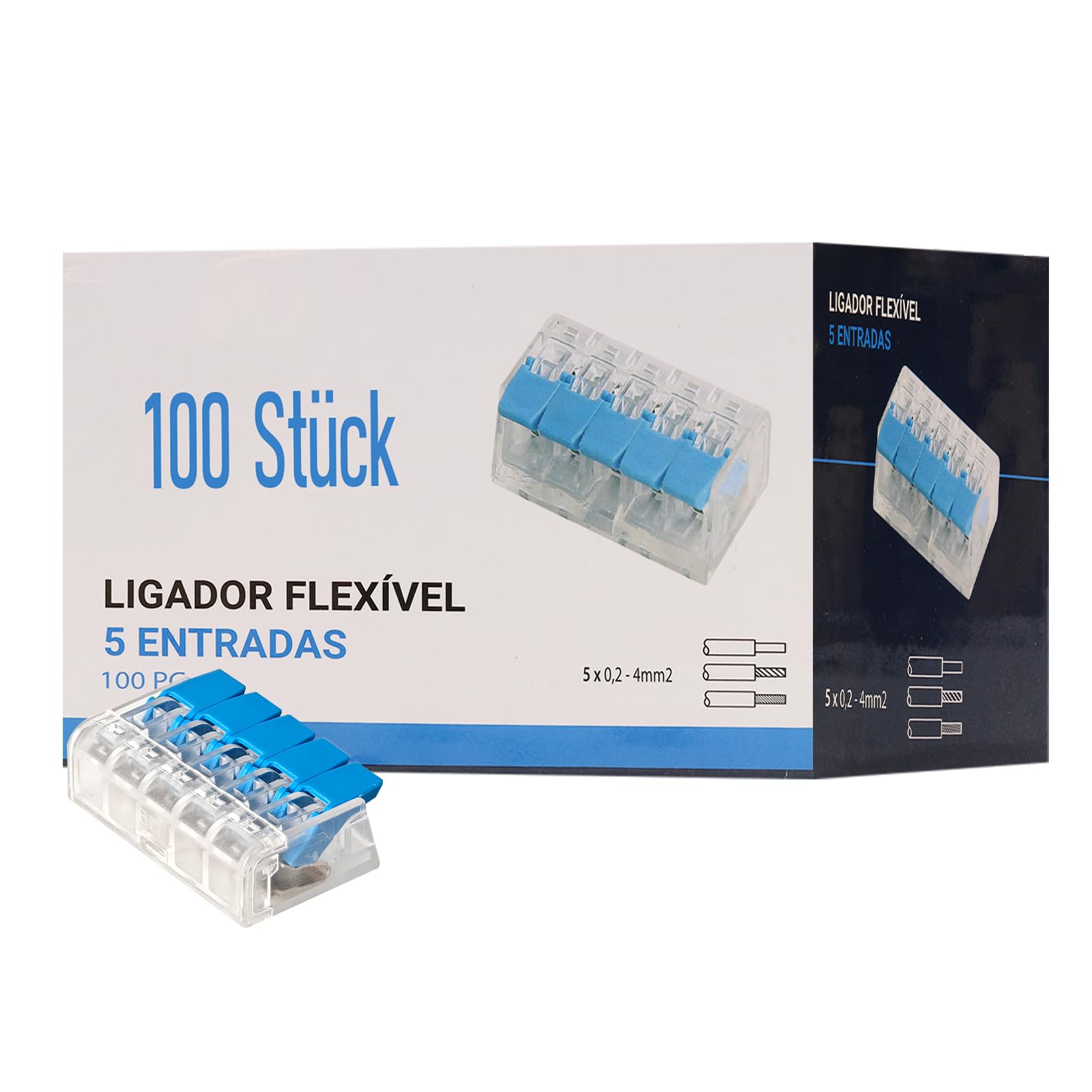 Maxled, Light is Led! Bornes de Connexion 5 Entrées, 100 Pièces Compatibles Avec Tous Types De Fils Dans Le Monde, Fil Solide 0.2-4mm², Connecteurs Fil Toronné 0.14-4mm², Référence 415