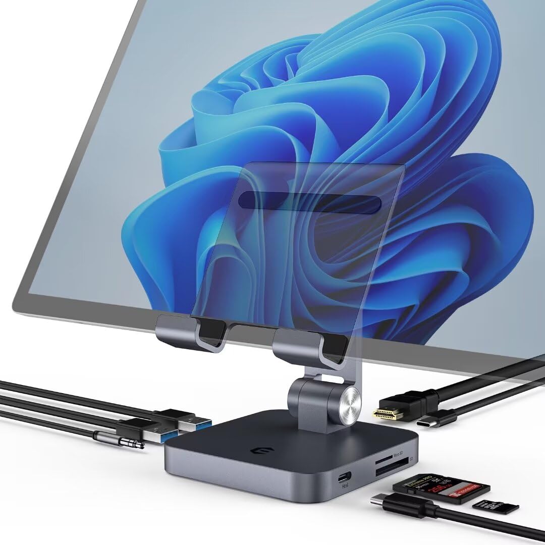 Estación de carga portátil 8 en 1 para ordenador portátil, USB C con soporte, adaptador de concentrador tipo C con HDMI 4K, 2 USB-A 3.0, 100 W PD, conector de audio de 3,5 mm, lector de tarjetas