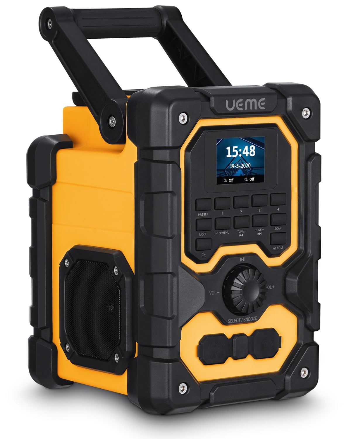 16W DAB/DAB+ FM Cordless Site Radio, Bluetooth, Rechargeable Battery, AUX, USB Phone Charging, 3 Pin Plug, Yellow/Black