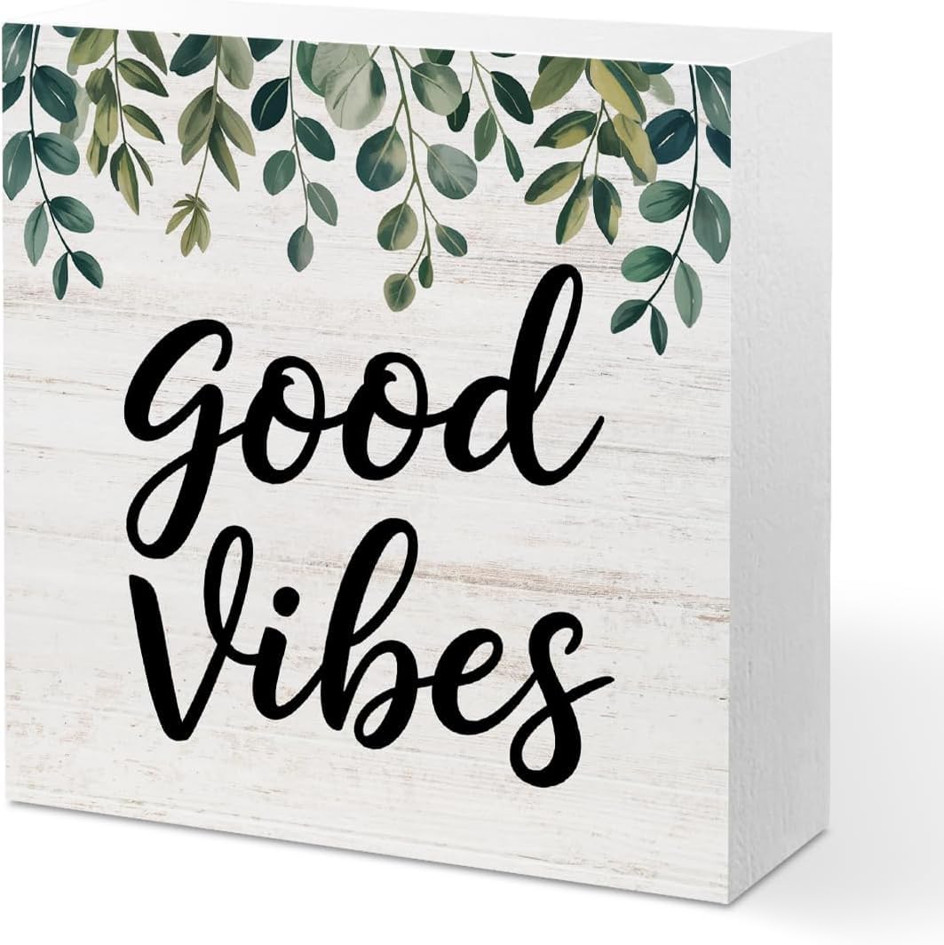 Good Vibes Box Sign 5x5 Inch Rustic Wood Tabletop Decor