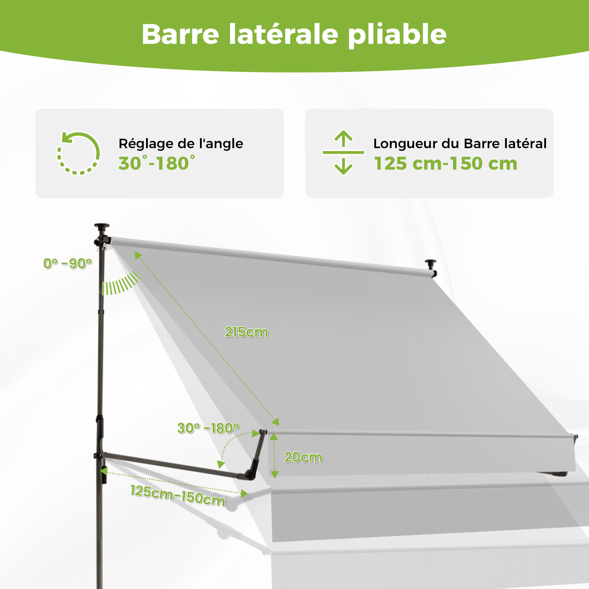 BelleMax Store Balcon sans percage,Store Banne Pliant 2-in-1,Protection UV et imperméable, réglable en Hauteur, Gris 300 cm x (125 + 25 cm)
