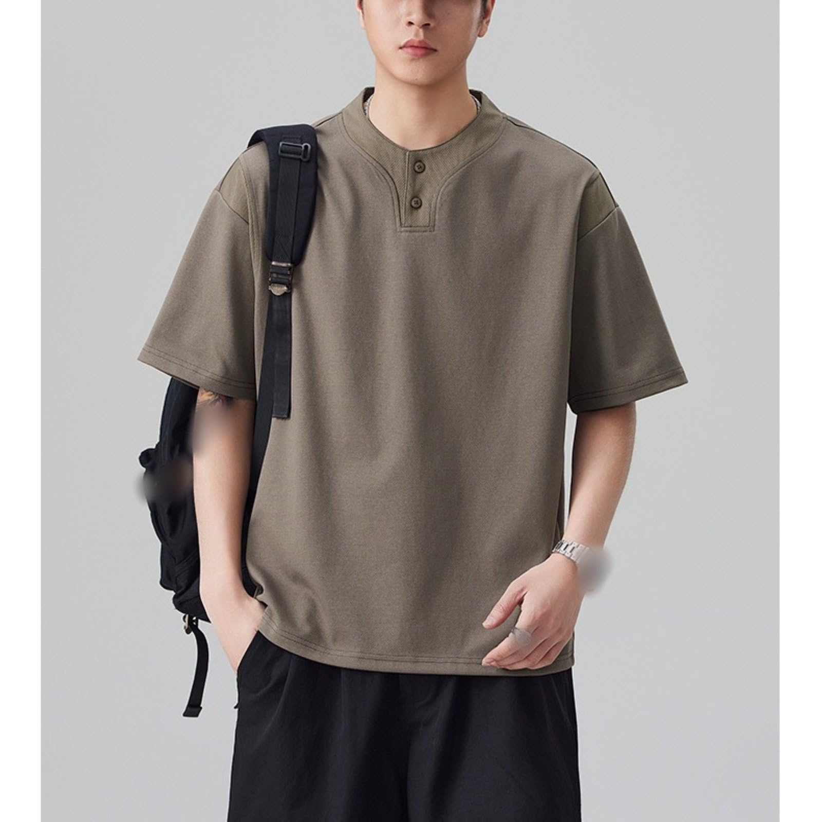 T-Shirt Henley Oversize Da Uomo, Manica Corta Testurizzata Casual Vestibilità Larga Streetwear Top Estivo