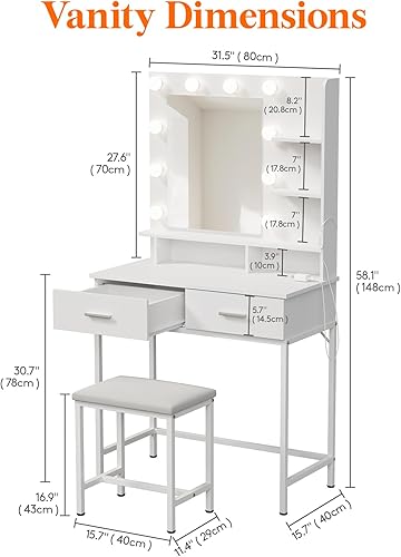 Miniatura 4 de Lifewit Juego de escritorio de tocador con espejo y luces, tocador de maquillaje negro con 2 cajones, 3 modos de iluminación de brillo ajustable,