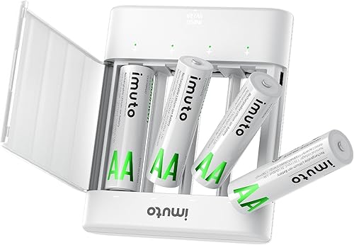 imuto Baterías recargables AA con cargador, baterías de litio AA de 2000 mWh, paquete de 4 unidades, cargador de batería AA de litio delgado de 4