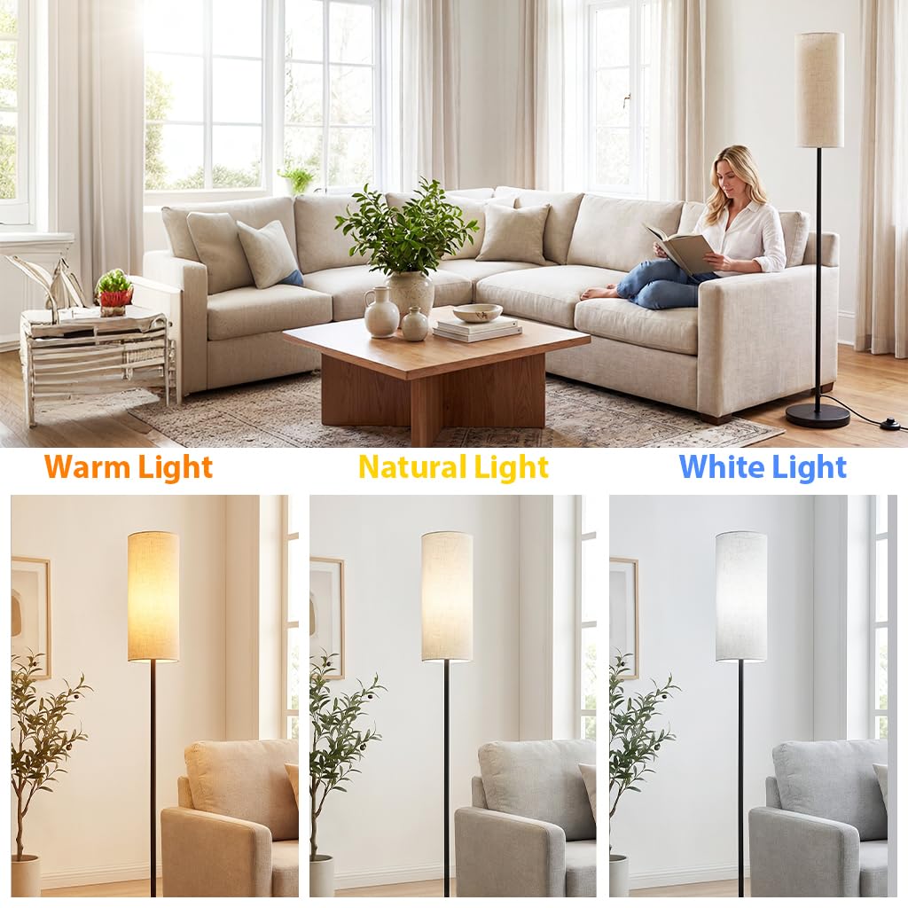 Moderne Stehlampe E27 Schwarz mit Stoffschirm Weiß | Fußschalter, Für Wohnzimmer, Schlafzimmer, Arbeitszimmer, Für Schülerzimmer