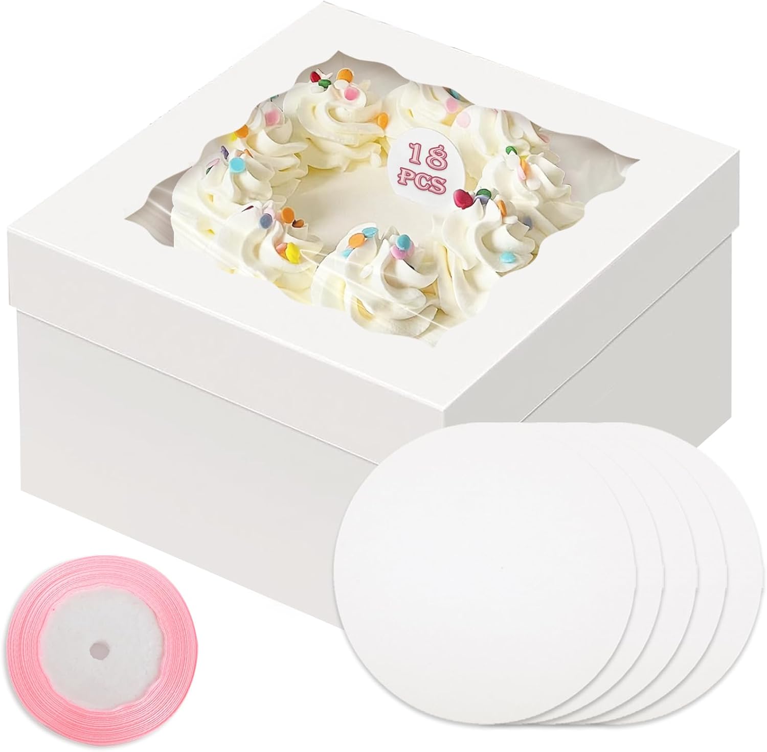White 10x10x8 Cake Box, 18 Sets Cake Box with Window ＆ 18 Sets Cake