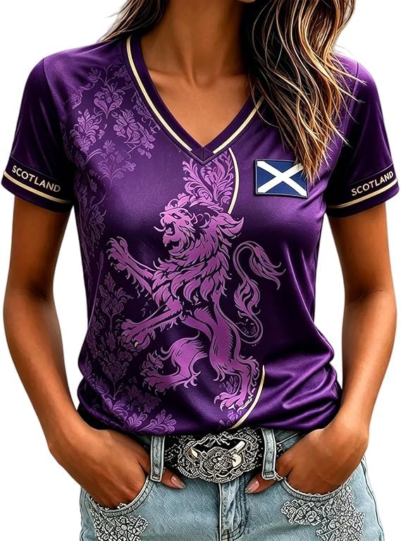 Scotland Fan Football Shirt Womens World Cup 2026 Short Sleeve Jersey Retro Graphic Printed V-Neck England Football Top Ladies Scotland T-Shirt Lightweight Fashion Summer Sports Clothing