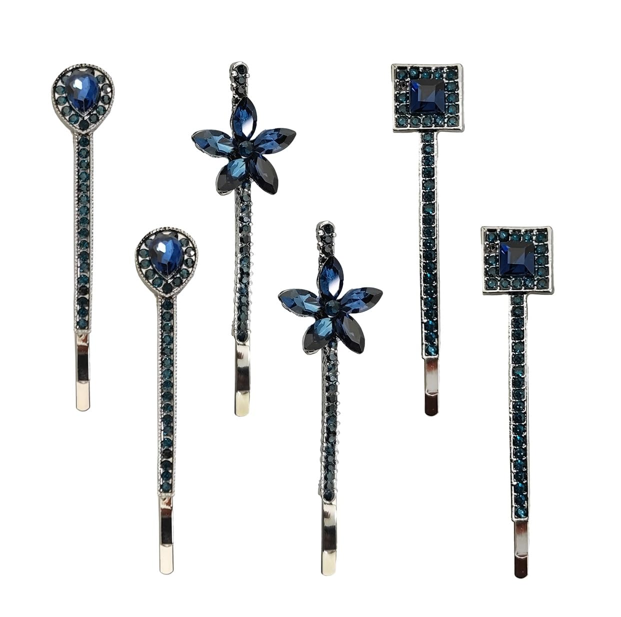 6 Pieces/3 Pairs Vintage Blue Rhinestone Hair Pins 2.4" Side Clips Sapphire Decorative Bobby Pins Navy Blue Hair Clip Wedding Flower Butterfly Hair Barrettes Hair Accessories for Women Girls