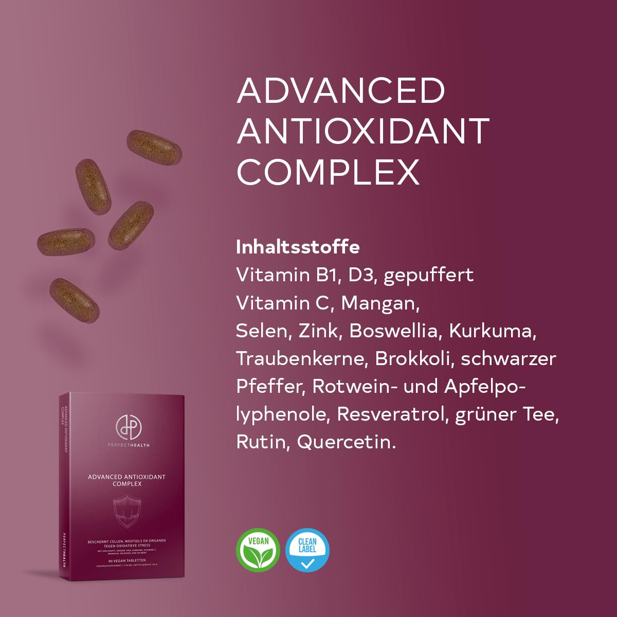 Perfect Health - Premium Antioxidantien Komplex Hochdosiert - Mit Curcumin C3 Complex®, Vinitrox™ & Bioperine® - 30 Tabletten - Für Zellen, Herz, Haut & Immunsystem - Mit Polyphenolen & Vitaminen