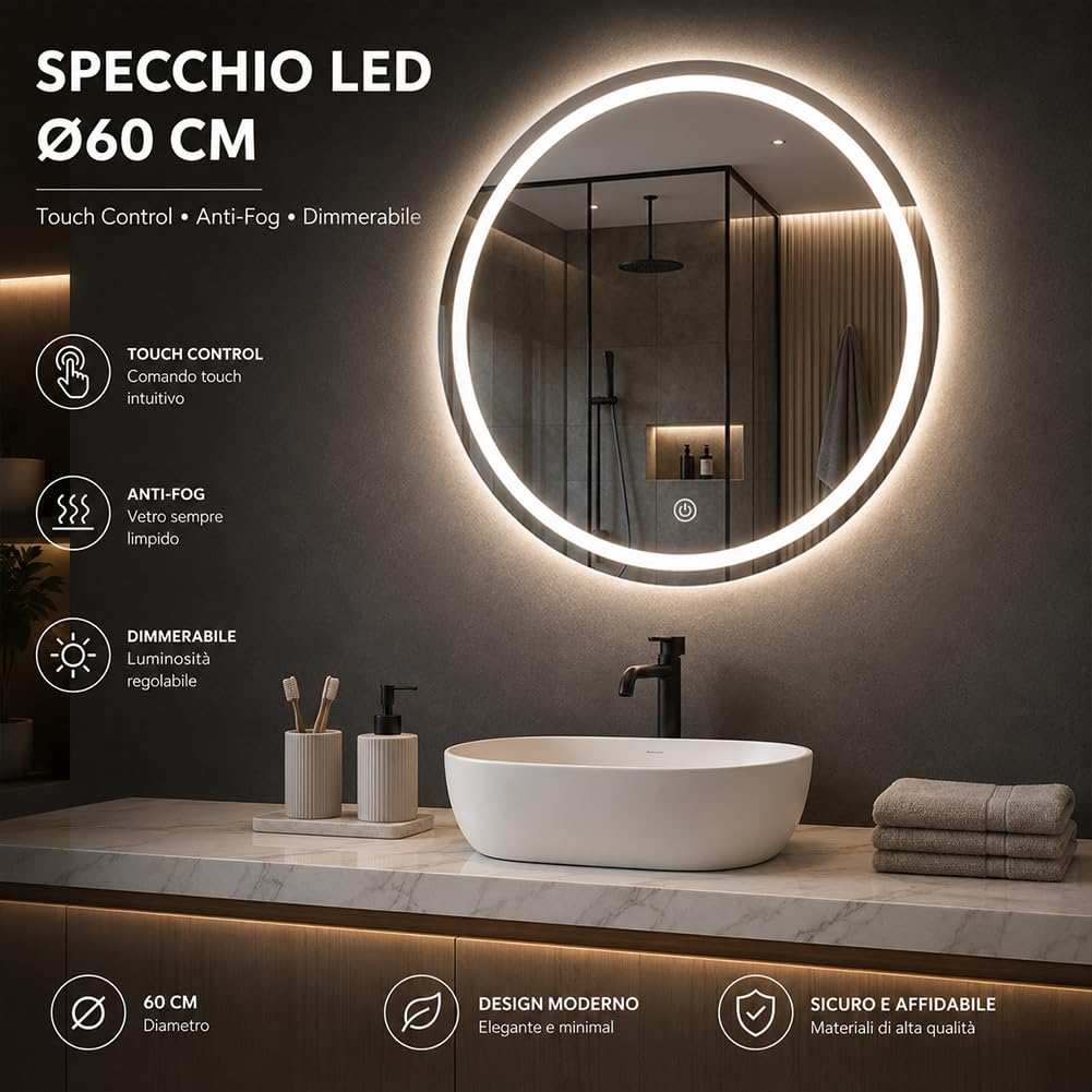 Shally Dogan Specchio Tondo da Parete con Led Dimmerabile a 3 Colori, Bianco Freddo, Caldo e Naturale, Accensione con Touch, Decorazione da Muro Design Moderno e Salvaspazio