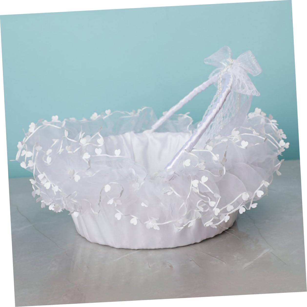 Wedding Lace Flower Basket Handheld Decorative Basket with Foldable Handle White for Flower Girl Ceremony Party Supplies