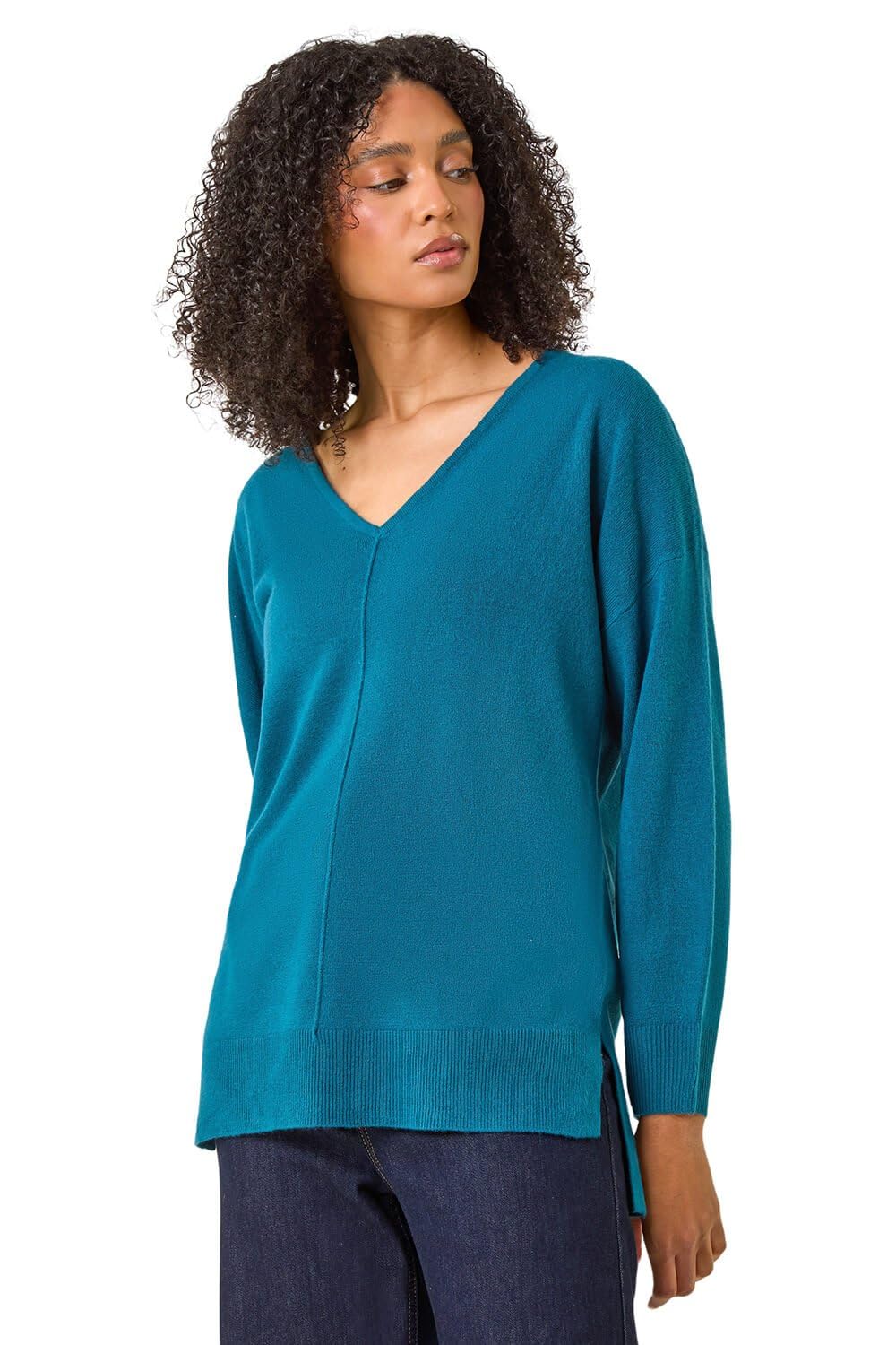Roman Women's Teal Soft V-Neck Side Split Knit Sweater In Size 14