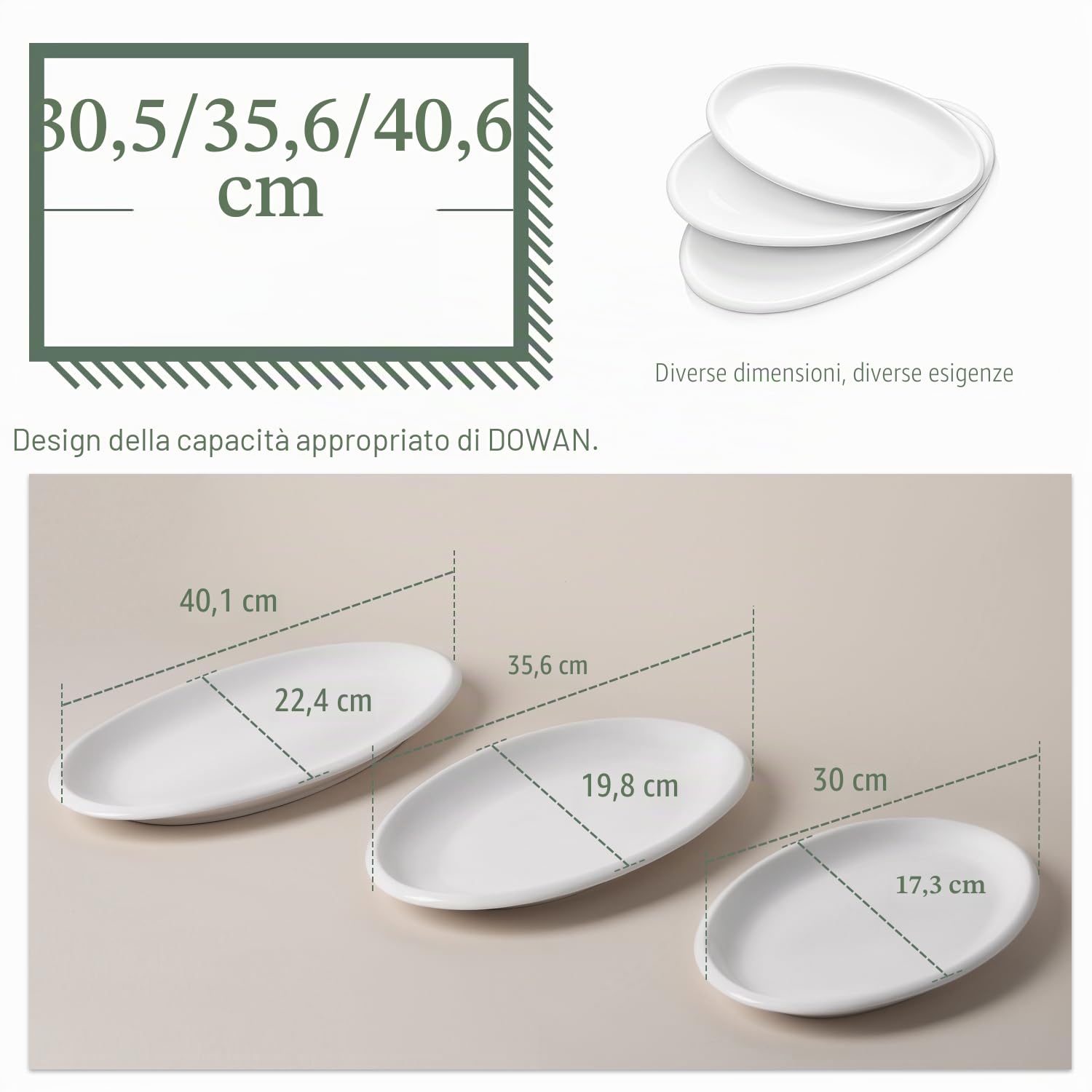 DOWAN Piatti da Portata Ovali Bianchi, Piatti in Porcellana Grandi, Set di Piatti in Ceramica, Piatti Piani Impilabili per Carne Pesce Bistecca, 3 Pezzi (12/14/16 inch)