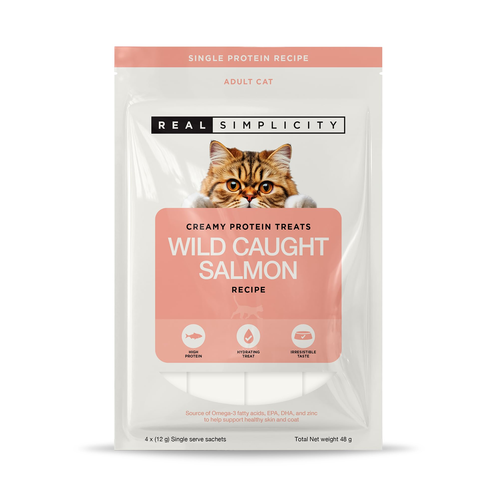Real Simplicity Lickable Cat Treats for Adult Cats, Creamy Treats with Real Meat, Hydrating Snack & Meal Topper, 4 x 12g Sachets (Salmon)