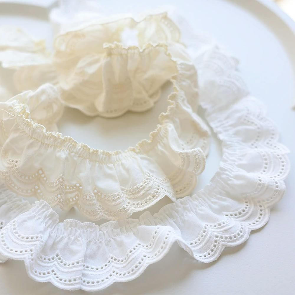 Koronkowa taśma ozdobna, Frilled Cotton Lace Ribbon, Off White/Beige, 2 Yard 5CM(Beige)