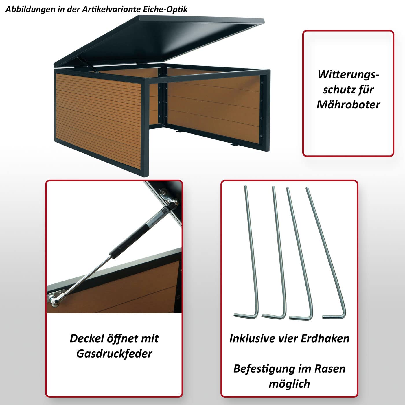 Garaż dla robota koszącego z pokrywą HWC-L45, dach pod kosiarkę, metal WPC 35 x 60 x 70 cm – wygląd dębu