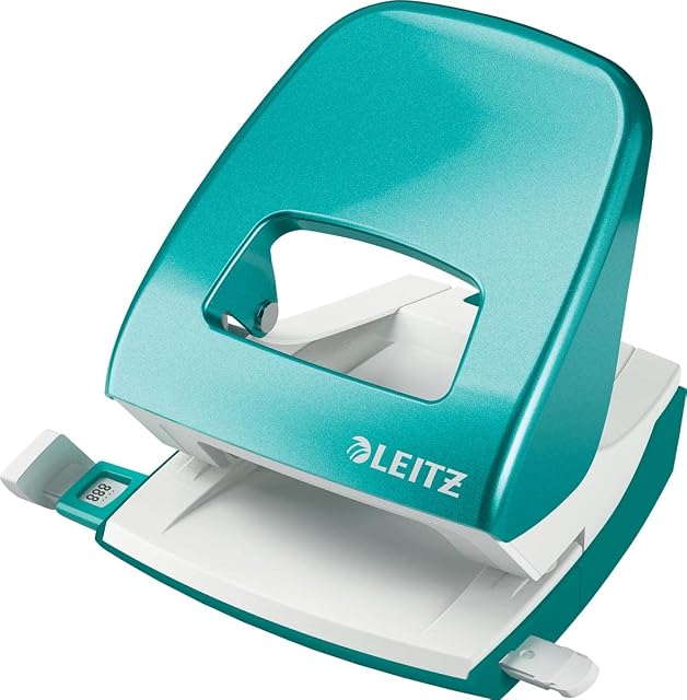 Leitz, Dziurkacz Leitz NeXXt WOW, Dziurkuje do 30 Kartek, Wytrzymała Prowadnica z Oznaczeniem Formatów, Metalowy, Kolekcja WOW, Kolor Jasnoniebieski, 50082051