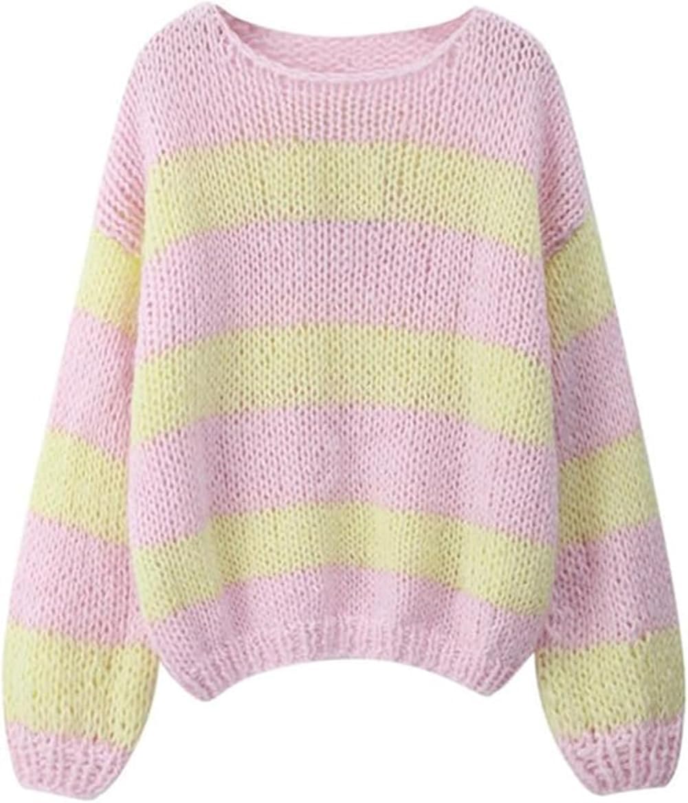 Pinclodly Oversized Sweaters for Women Color Block Striped Sweaters Y2K Crewneck Long Sleeve Knit Sweater