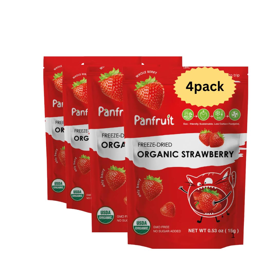 Panfruit Organic Freeze-Dried Strawberries – Whole Fruit Snack, 4 Single Packs (0.53 oz Each), No Sugar Added, Non-GMO, Vegan