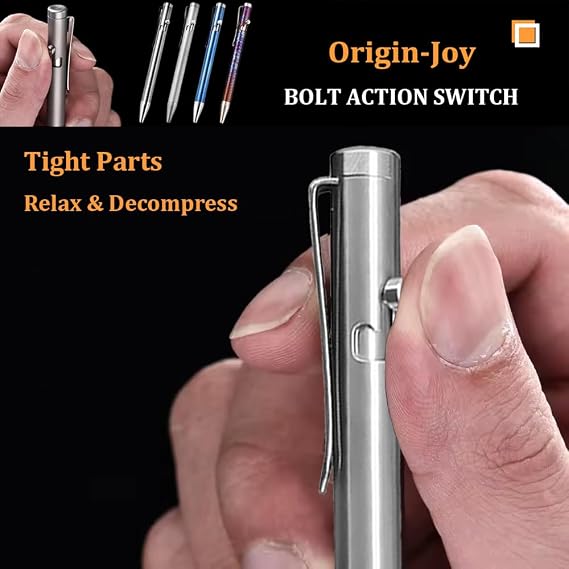 Origin-Joy Titanium Alloy Bolt Action Pen, Slim Lightweight EDC Pocket Tactical Pen With 5 Ballpoint Refills (Silver)