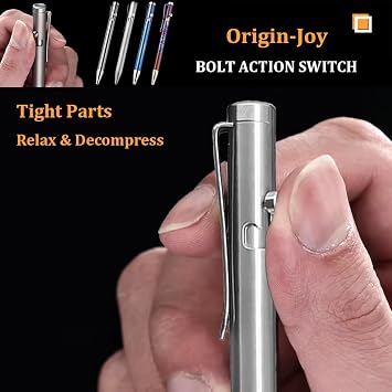 Origin-Joy Titanium Alloy Bolt Action Pen, Slim Lightweight EDC Pocket Tactical Pen With 5 Ballpoint Refills (Silver)