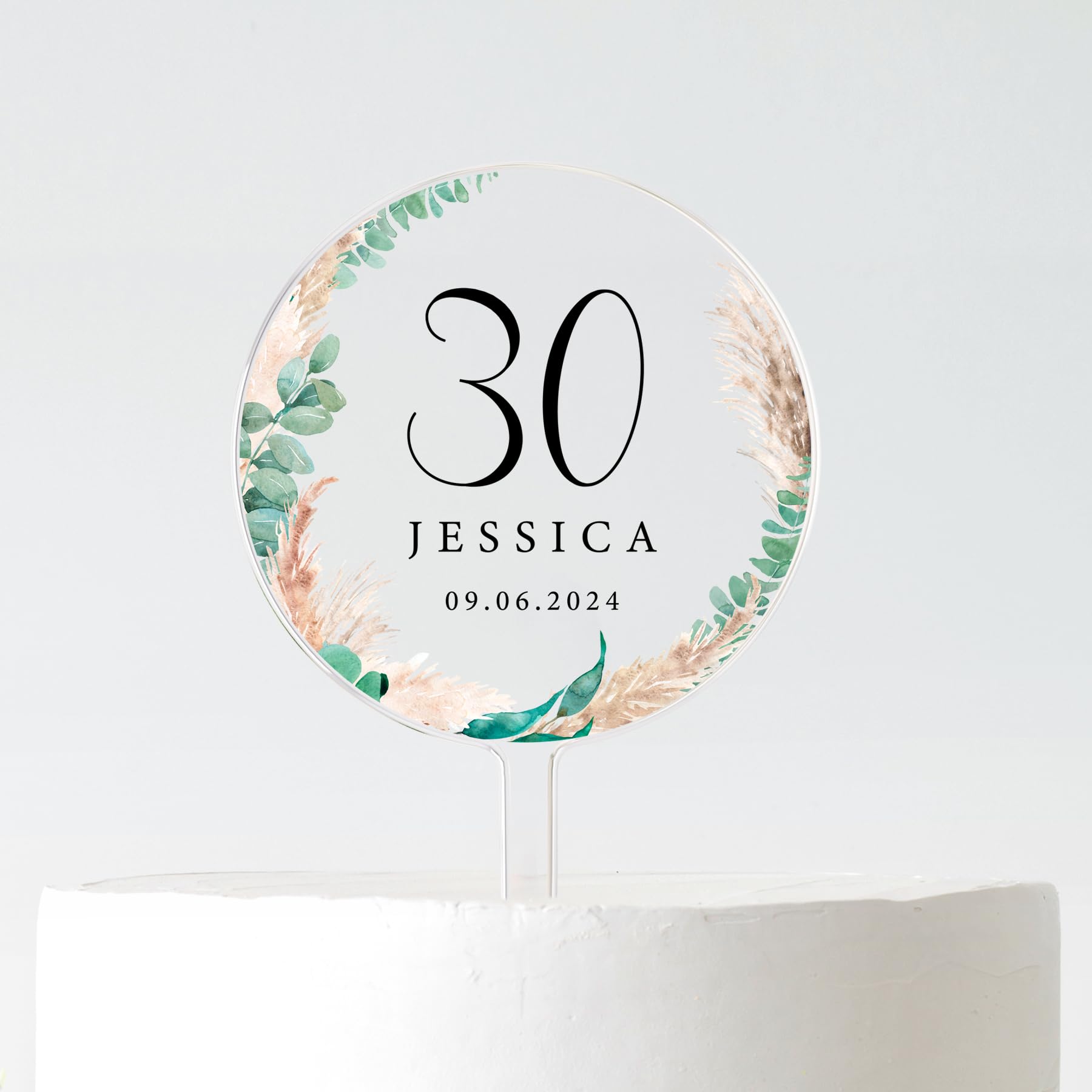 Personalised Birthday Cake Topper | Custom Age & Name Cake Decoration | Acrylic Round Cake Topper | 10cm or 12cm | Black or White Tex (Pampass Wreath 30, 10CM)