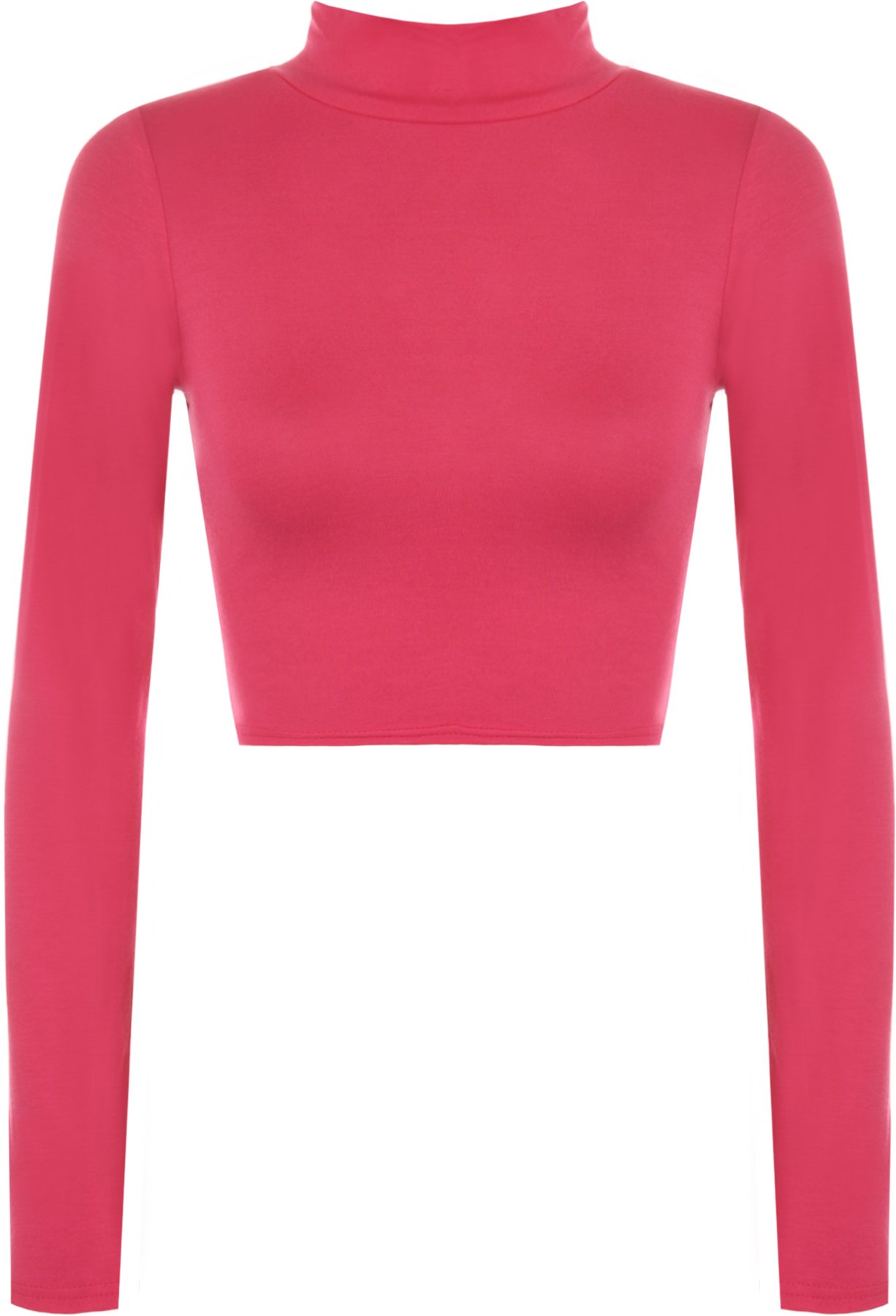 WearAll New Womens Turtle Neck Crop Ladies Long Sleeve Plain Polo Short Stretch Top - Cerise - 12/14