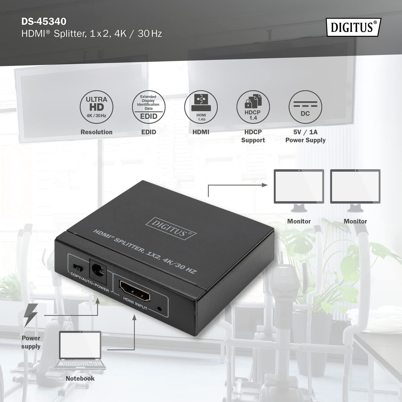 Digitus DS-45340 Splitter HDMI 1x2 - Ingresso: 1 porta/Uscita: 2 porte - UHD 4K/30 Hz - HDCP 1.4 e HDMI 1.4b - Deep Colour, EDID switch, protezione ESD