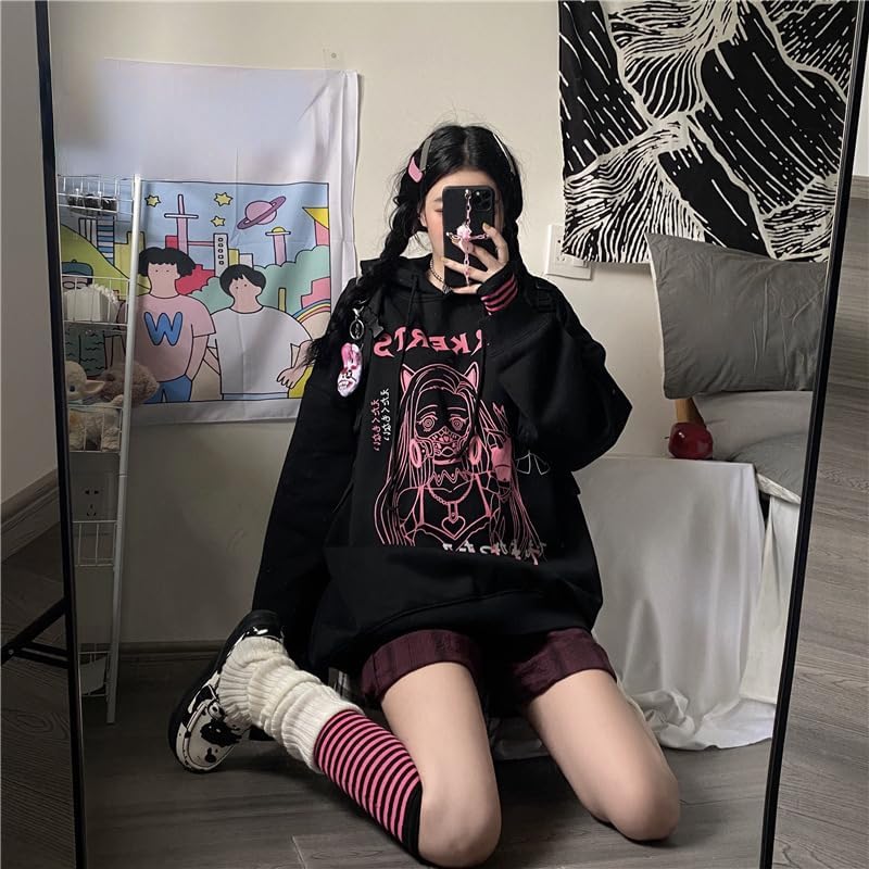 Miniatura 3 de CYee Goth Harajuku Women's Oversized Sweatshirt Y2k Japanese Drawstring Hoodies Print Graphic Long Sleeve Winter Warm Tops