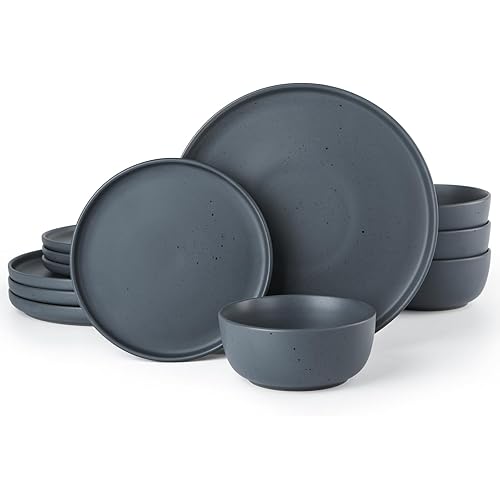Famiware Dawn Plates and Bowls Sets, 12 Pieces Stoneware Dinnerware Sets, Dishes Set for 4, Microwave and Dishwasher Safe, Charcoal