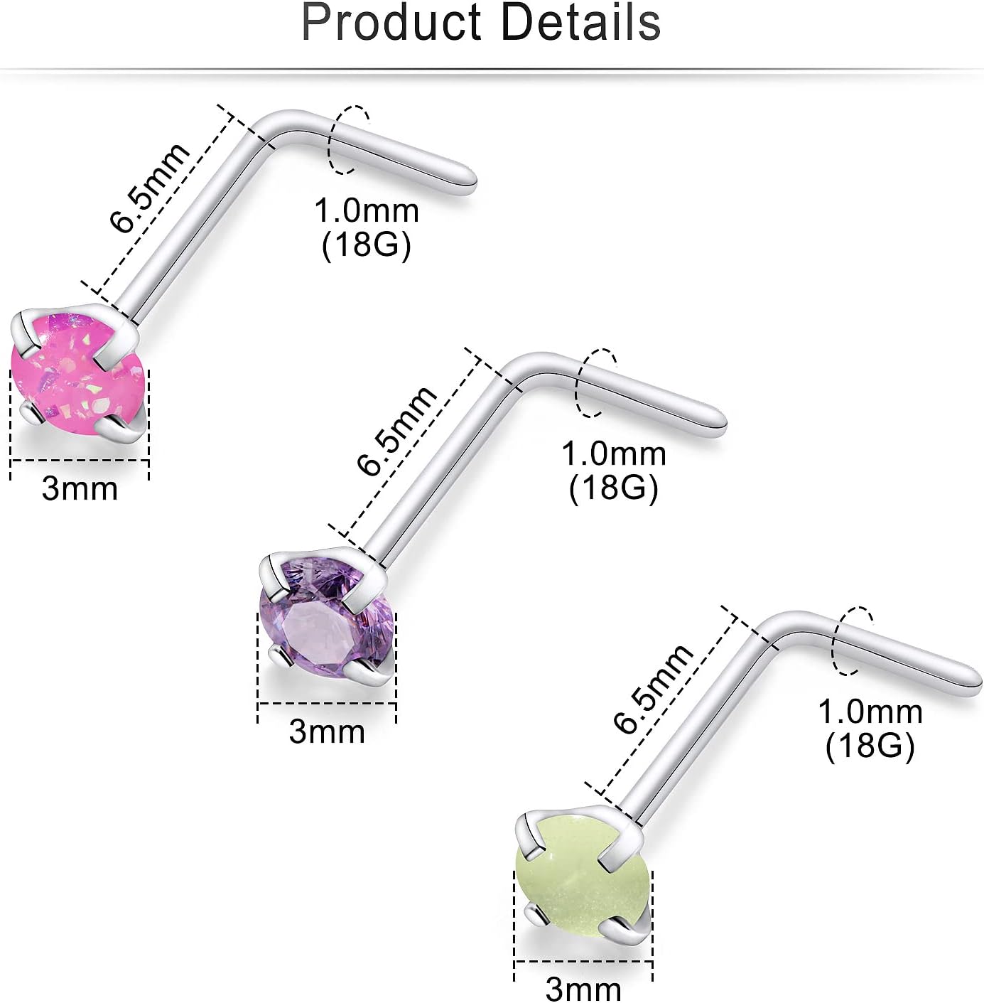 Cisyozi 18G Nose Rings Studs with turquoise/Pearl/CZ/Cat'Eye/Glow in the Dark/Opal Style 3mm Top 316L Surgical Steel Nose Nostril Piercing Jewelry for Women Men Girl - Image 6