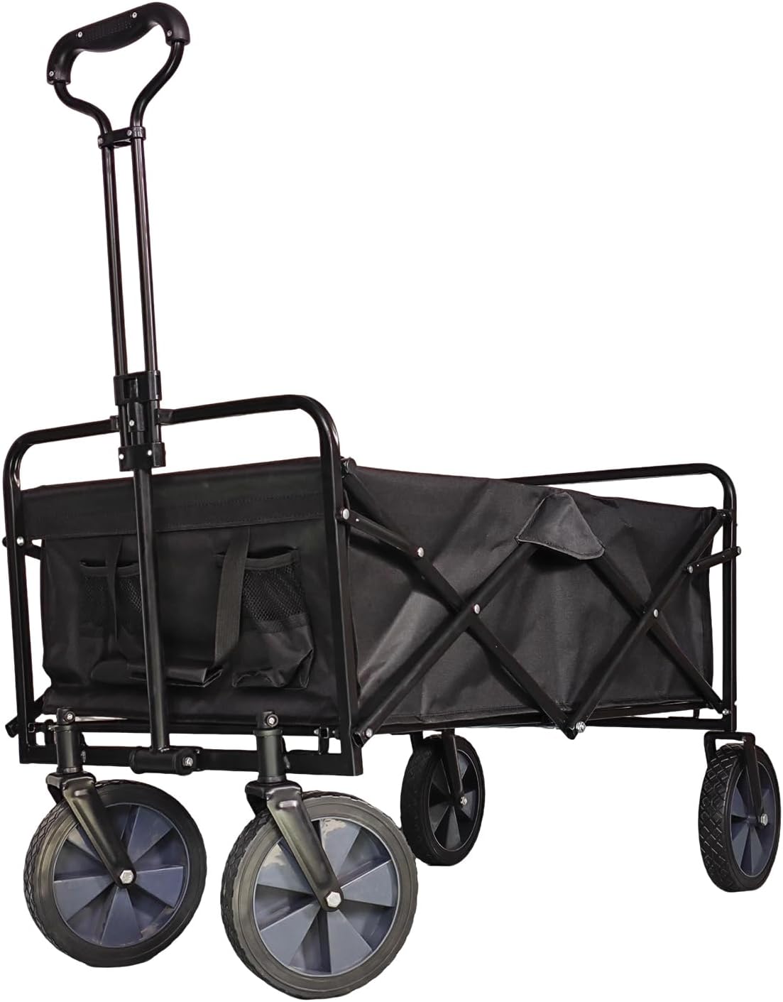 Collapsible Wagon Cart, Heavy Duty Folding Wagon with Telescopic Handle, Double Cloth Pockets, Portable Utility Garden Cart with All-Terrain Wheels for Shopping, Sports, Camping, Black