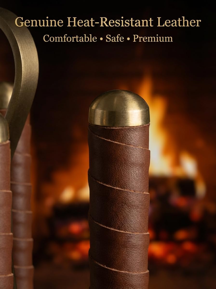 Premium 5-Piece Fireplace Tool Set with Genuine Leather Handles – Antique Brass Finished Wrought Iron – Heavy Duty Hearth Accessories: Poker, Shovel, Brush, Tongs, and Pedestal Stand