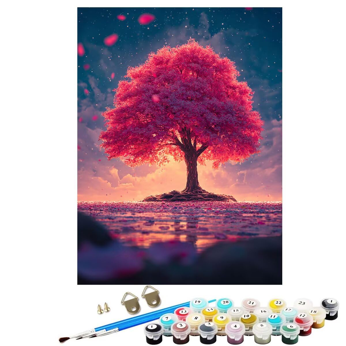Landschaft Baum Malen Nach Zahlen Erwachsene, Paint by Numbers Adult Anfänger Set, Heimwerk Malen Nach Zahlen Kinder Mit Rahmen, 3 Pinsel und 36 Acrylfarbe Als für Deko Wohnzimmer 60 x 80 cm BJHDK610