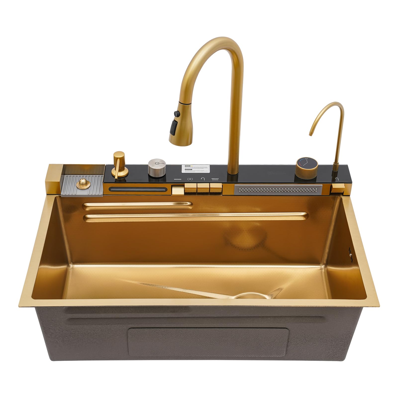 Fregadero de cocina, 75 x 46 x 22 cm, acero inoxidable, con grifo para cocina | Fregadero dorado con dispensador de jabón extensible, cascada, aspersor, función lluvia, escurridor, sifón para el hogar