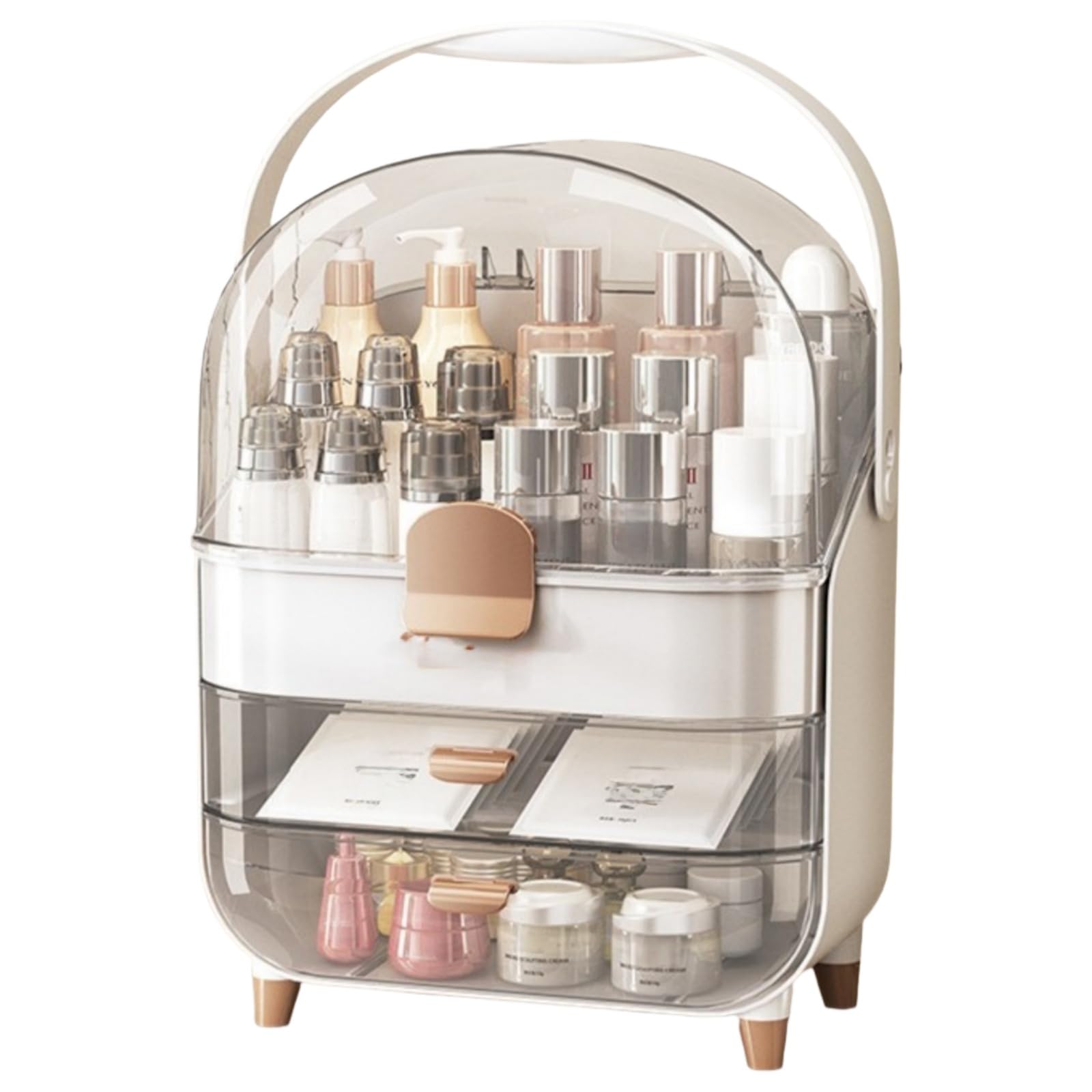 Organizador de maquillaje, organizadores para el cuidado de la piel con tapa transparente y 2 cajones y soporte giratorio de 360° para brochas