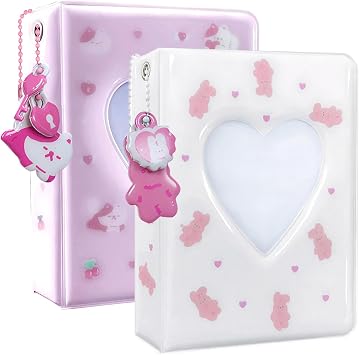 2 Pcs Photocard Binder,3 inch Heart Hollowed Mini Photo Album with 40 Pockets and Pendant for Polaroids Standard Idol Photocards CollectionWhite/Pink