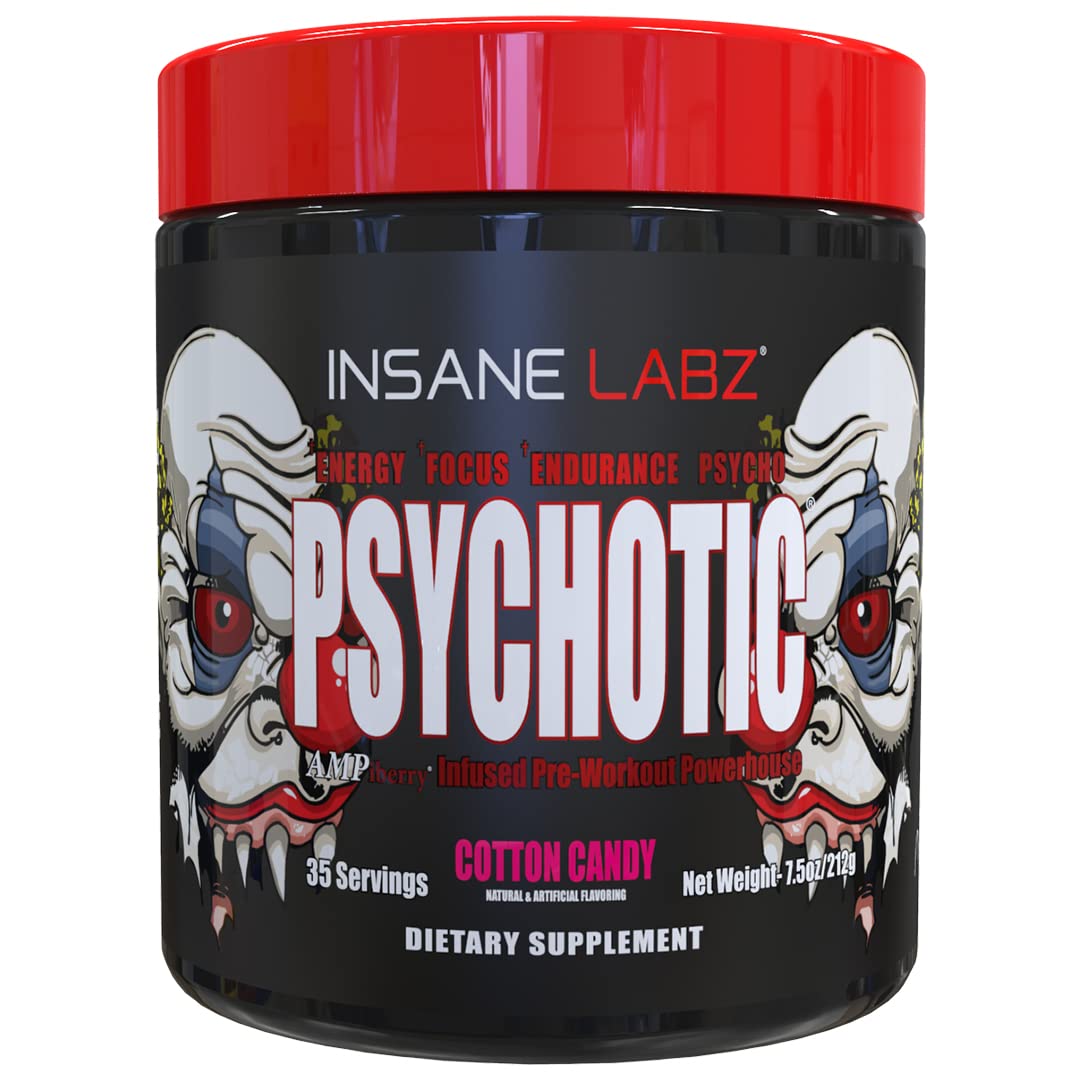 Insane Labz Psychotic, High Stimulant Pre Workout Powder, Extreme Lasting Energy, Focus and Endurance with Beta Alanine, Creatine Monohydrate DMAE, 35 Srvgs (Cotton Candy)